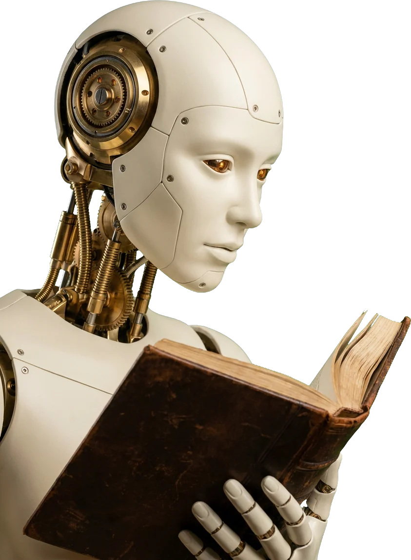 An android with cream ceramic panels and exposed brass gears, reading an antique leather-bound book.